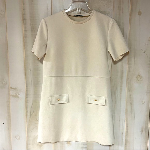 Zara Dresses & Skirts - Zara Cream Colored Pocket Front Suede-Feel Raw Hem Short Sleeve Dress Sz S